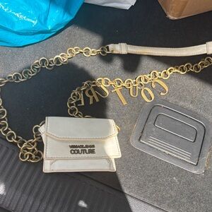Versace Jeans Collection Cream Mini Crossbody Bag with Gold Chain